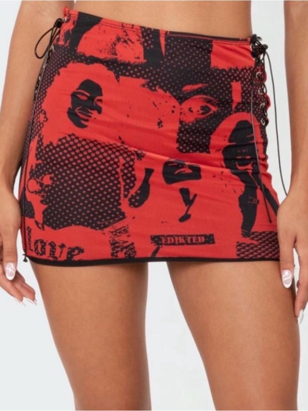 Red Graphic Lace-Up Mini Skirt - Women's Trendy Clubwear